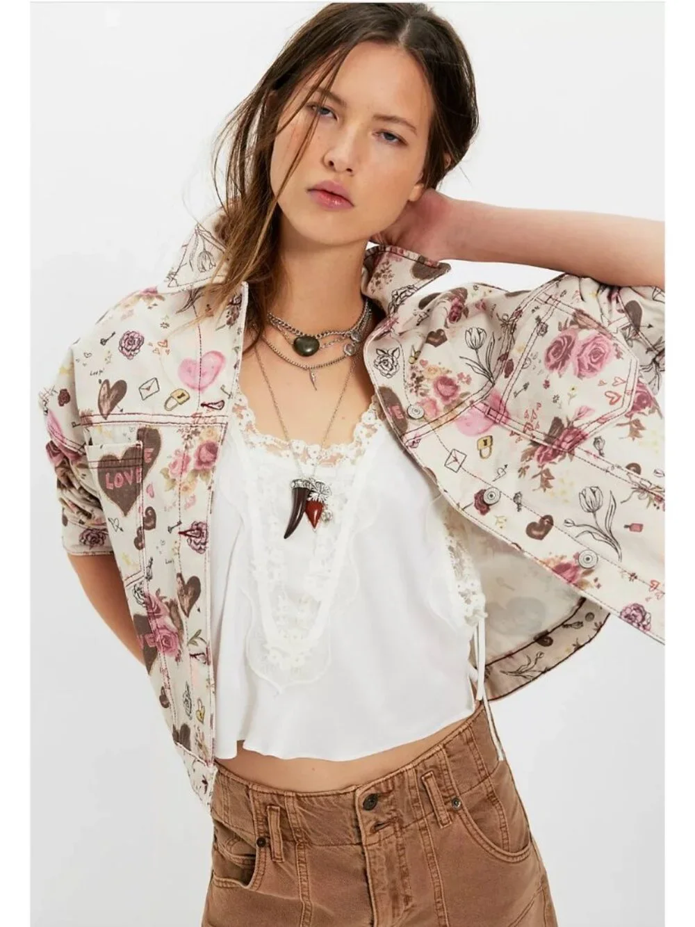 Free People Swing Printed Denim Jacket Graffiti Hearts Floral Print Size XS - Picture 4 of 6